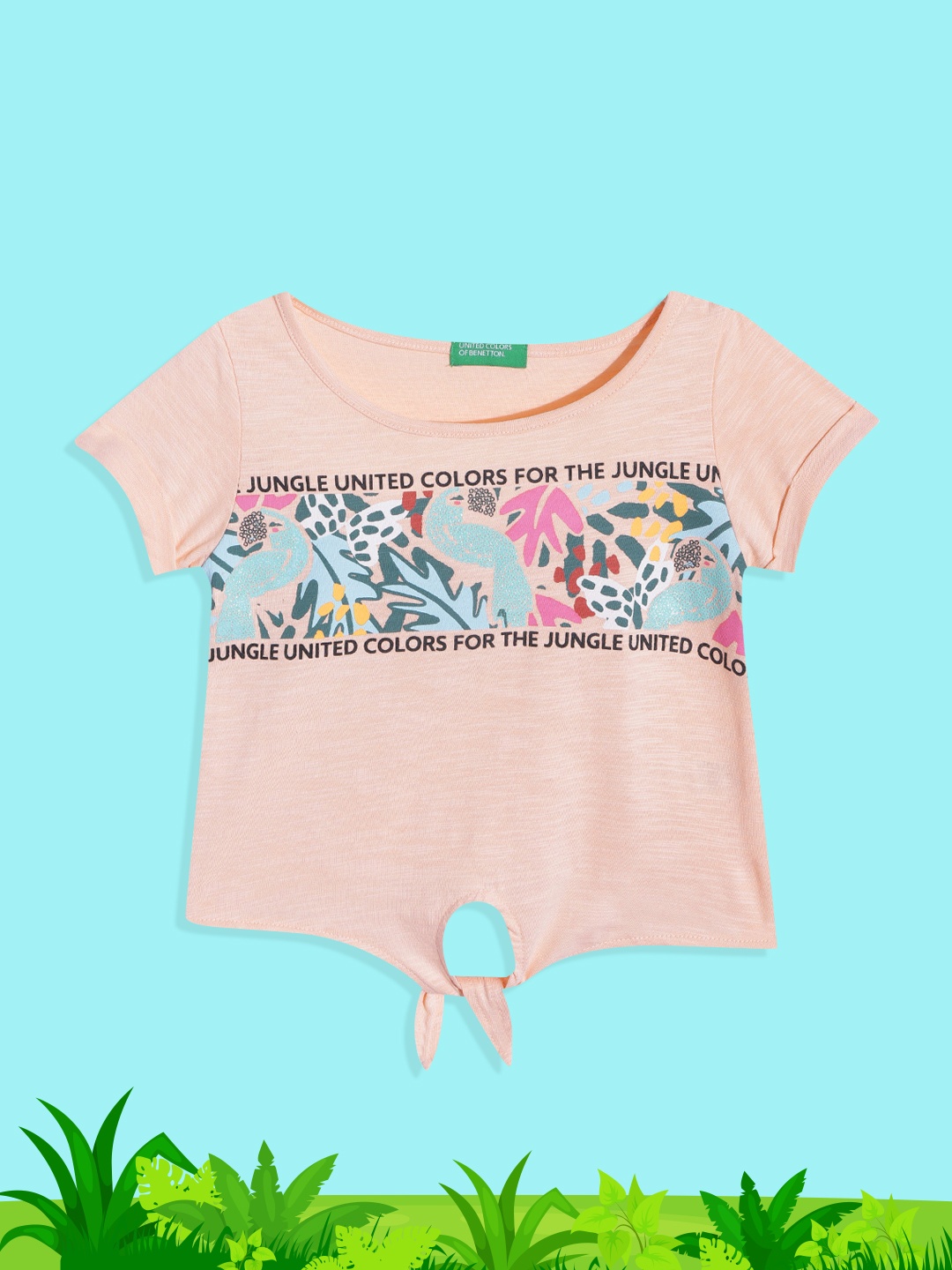 

United Colors of Benetton Girls Peach-Coloured & Blue Brand Logo Print Pure Cotton Top