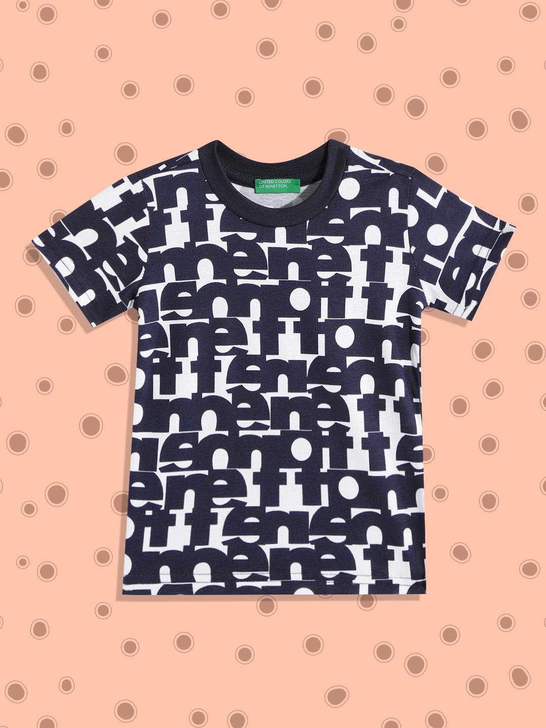 

United Colors of Benetton Boys Navy Blue & White Pure Cotton Brand Logo Printed T-shirt