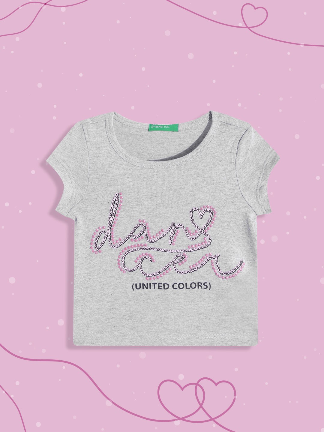 

United Colors of Benetton Girls Grey Melange & Pink Printed Pure Cotton T-shirt