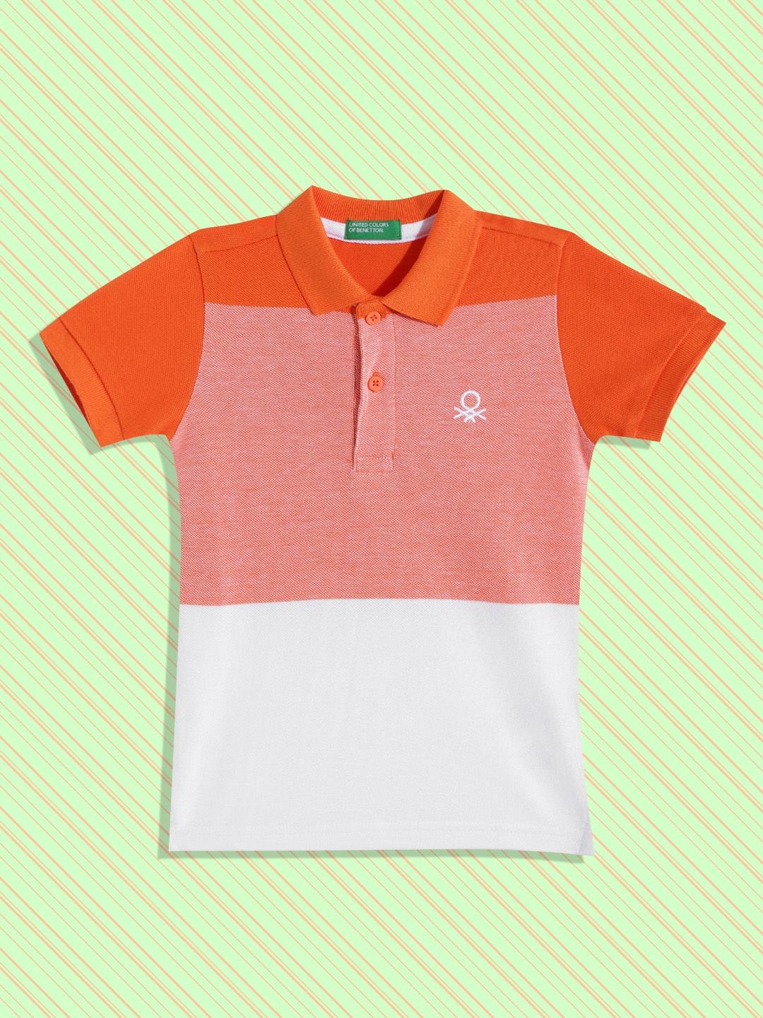 

United Colors of Benetton Boys Orange & White Cotton Colourblocked Polo Collar T-shirt