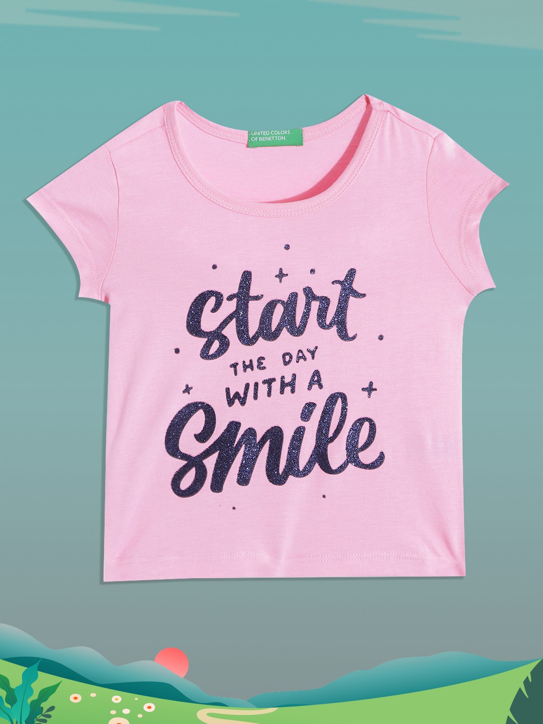 

United Colors of Benetton Girls Pink & Navy Blue Typography Printed T-shirt