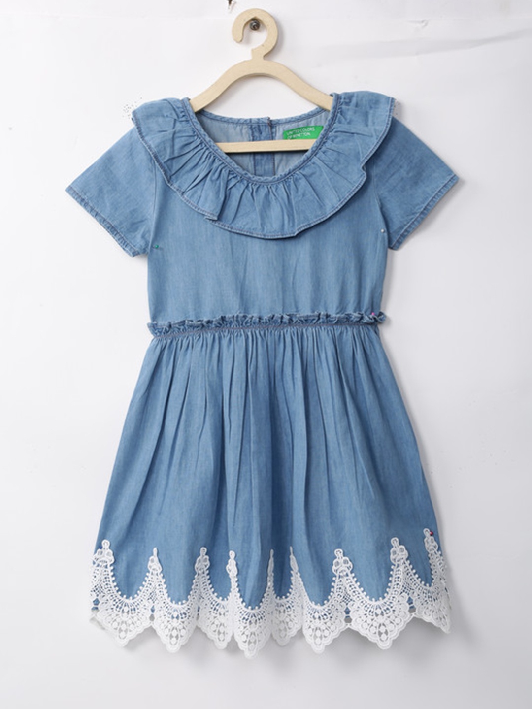 

United Colors of Benetton Girls Navy Blue & White Cotton Ruffles Lace Detail A-Line Dress
