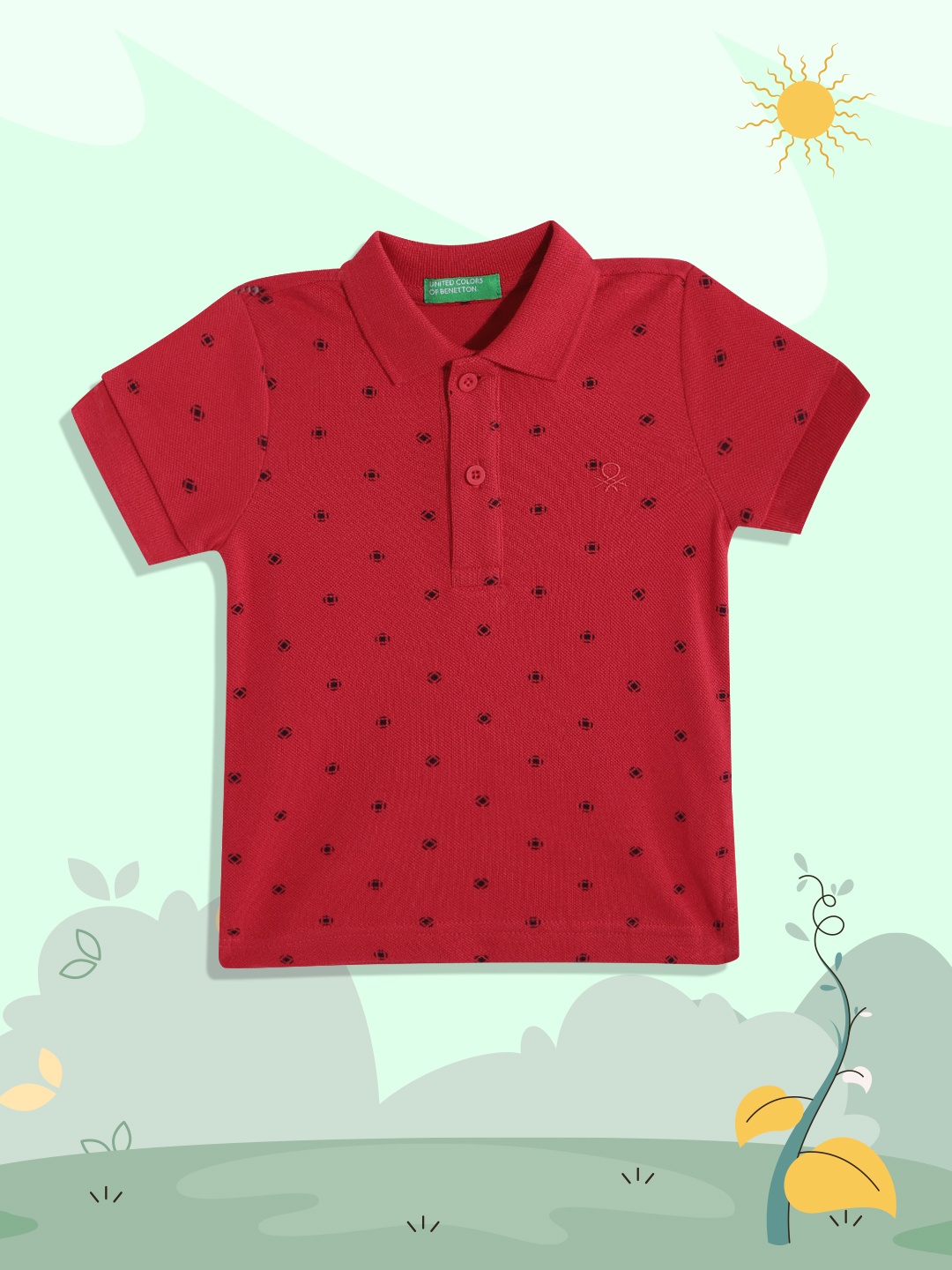 

United Colors of Benetton Boys Red & Black Pure Cotton Geometric Print Polo Collar T-shirt