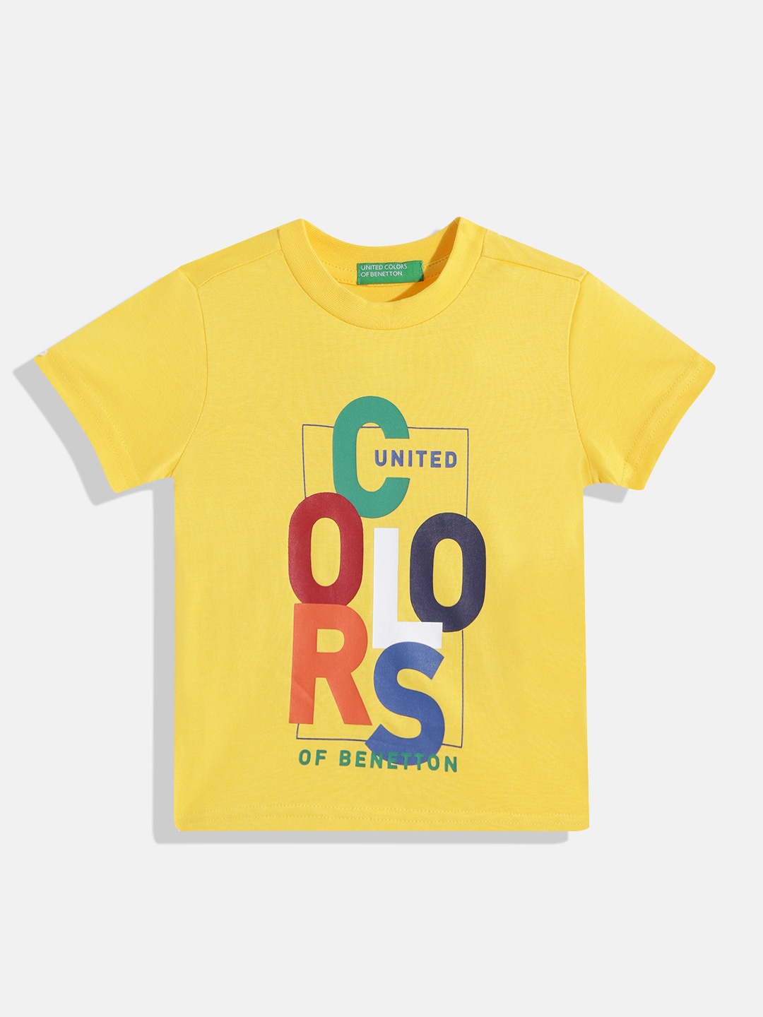 

United Colors of Benetton Boys Yellow & Blue Pure Cotton Brand Logo Printed T-shirt