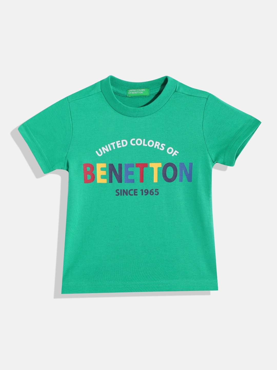 

United Colors of Benetton Boys Green & White Pure Cotton Brand Logo Printed T-shirt