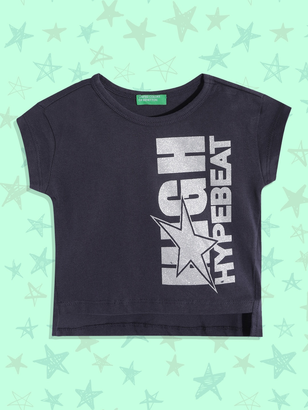 

United Colors of Benetton Girls Navy Blue & Silver-Toned Typography Printed Pure Cotton T-shirt