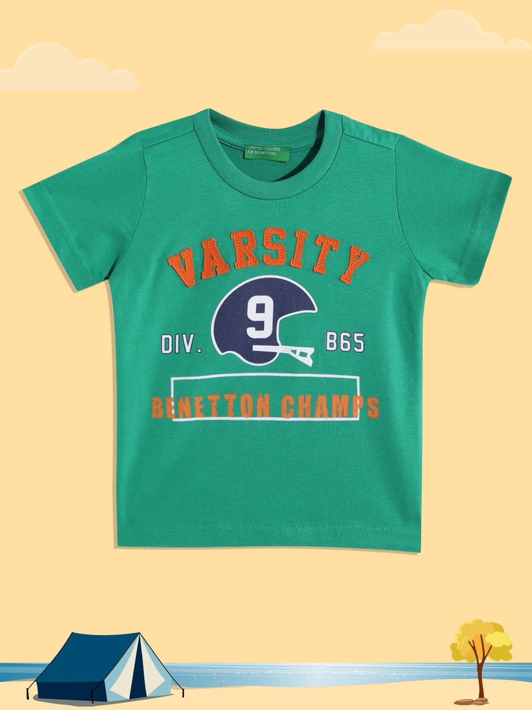 

United Colors of Benetton Boys Green & Orange Pure Cotton Varsity Printed T-shirt