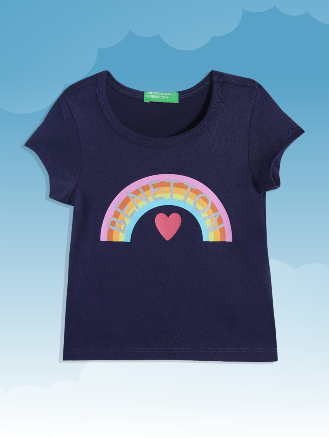 

United Colors of Benetton Girls Navy Blue & Pink Brand Logo & Graphic Print Cotton T-shirt