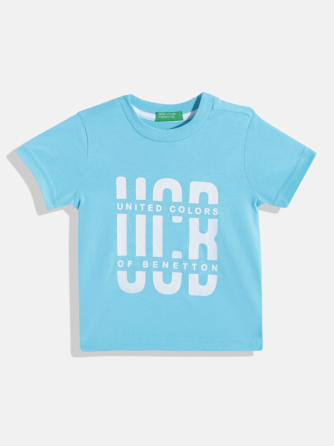 

United Colors of Benetton Boys Blue & White Pure Cotton Brand Logo Printed T-shirt