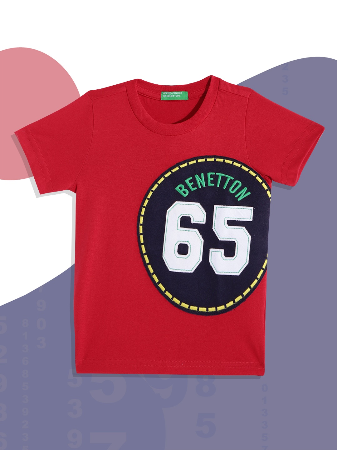 

United Colors of Benetton Boys Red & Navy Blue Pure Cotton Printed Applique T-shirt