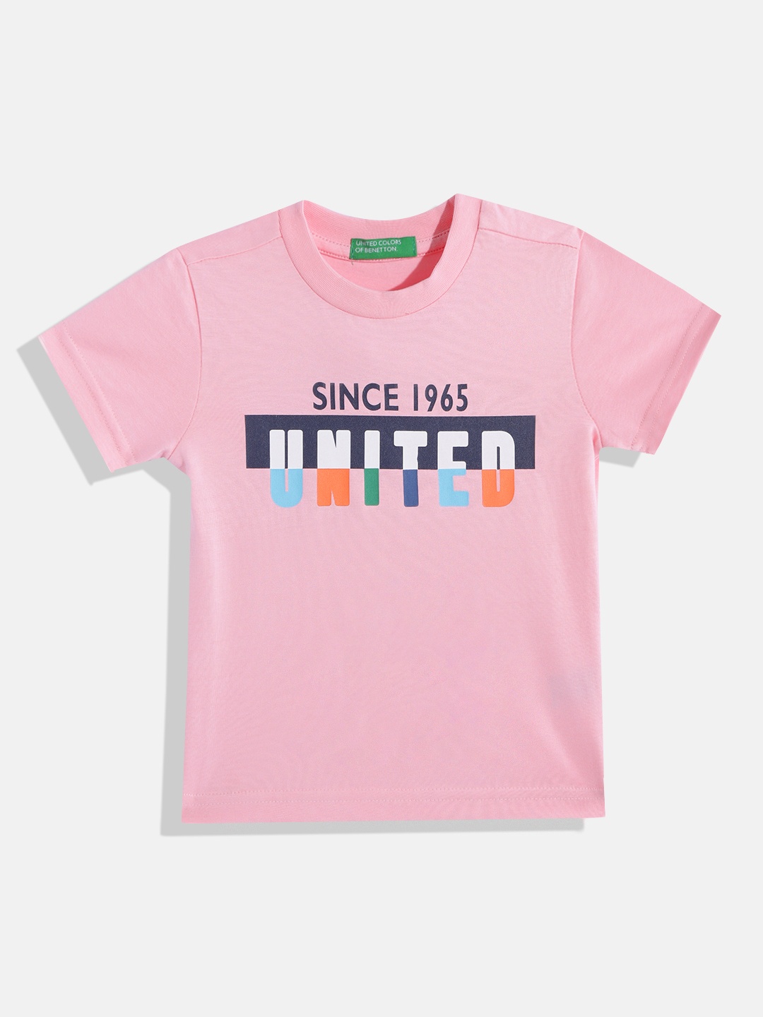 

United Colors of Benetton Boys Pink & Navy Blue Brand Logo Printed Cotton T-shirt
