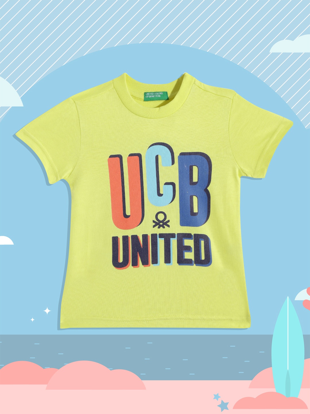

United Colors of Benetton Boys Yellow & Blue Pure Cotton Brand Logo Printed T-shirt