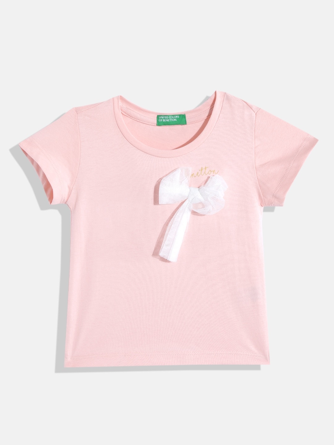 

United Colors of Benetton Girls Pink & White Bow Applique Cotton T-shirt