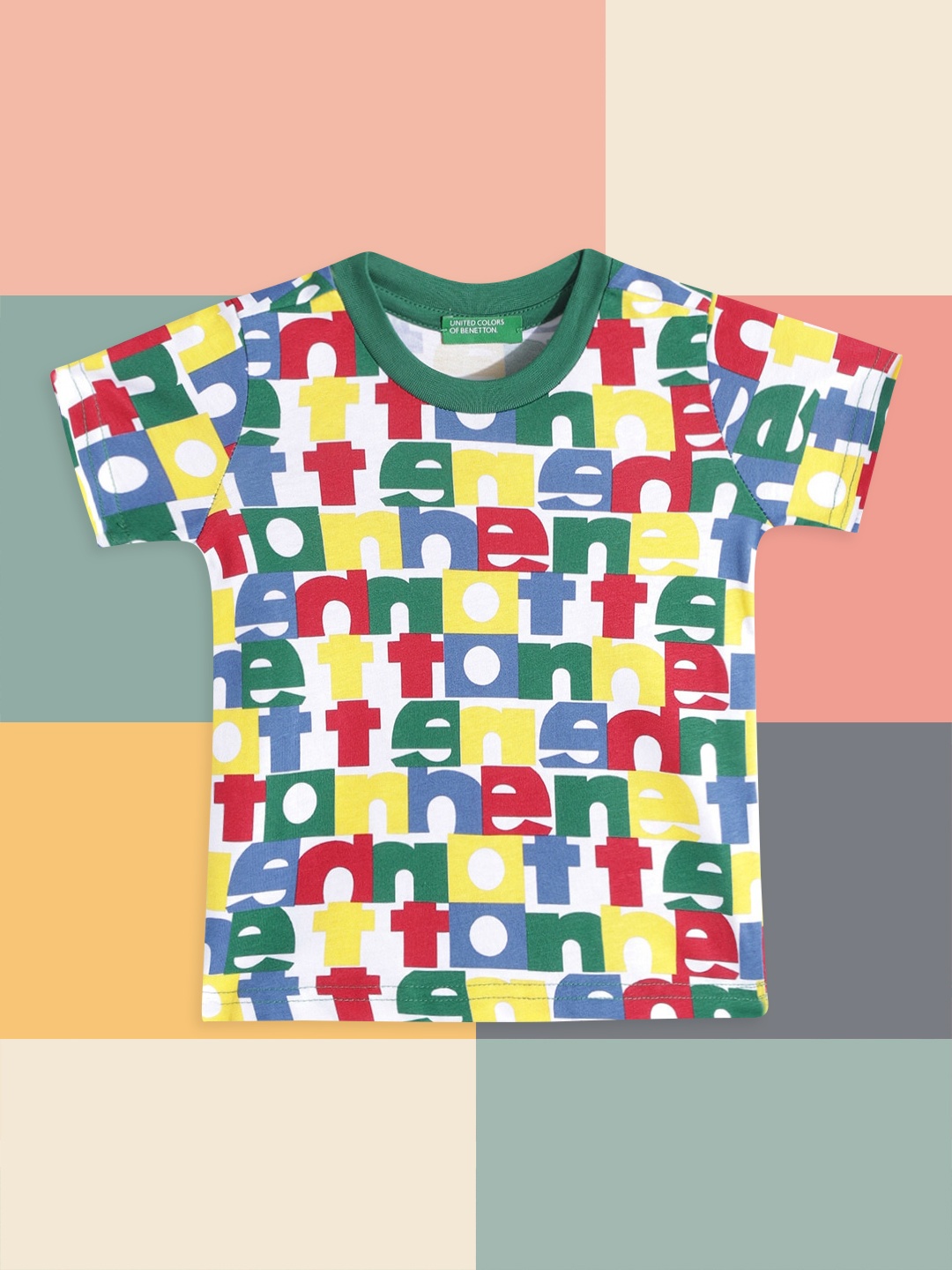 

United Colors of Benetton Boys White & Green Brand Logo Printed Cotton T-shirt