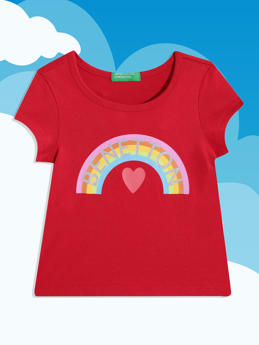 

United Colors of Benetton Girls Red & Pink Brand Logo & Graphic Printed Cotton T-shirt