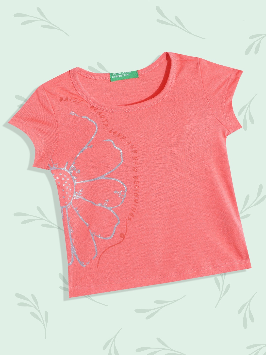

United Colors of Benetton Girls Coral & Silver-Toned Floral Printed T-shirt