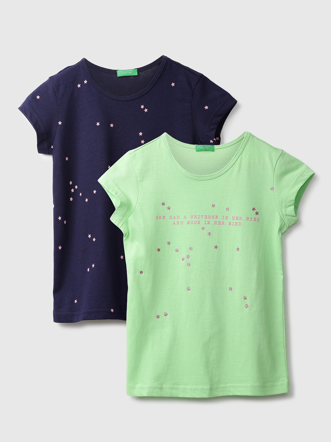 

United Colors of Benetton Girls Pack of 2 Pure Cotton Printed T-shirts, Green