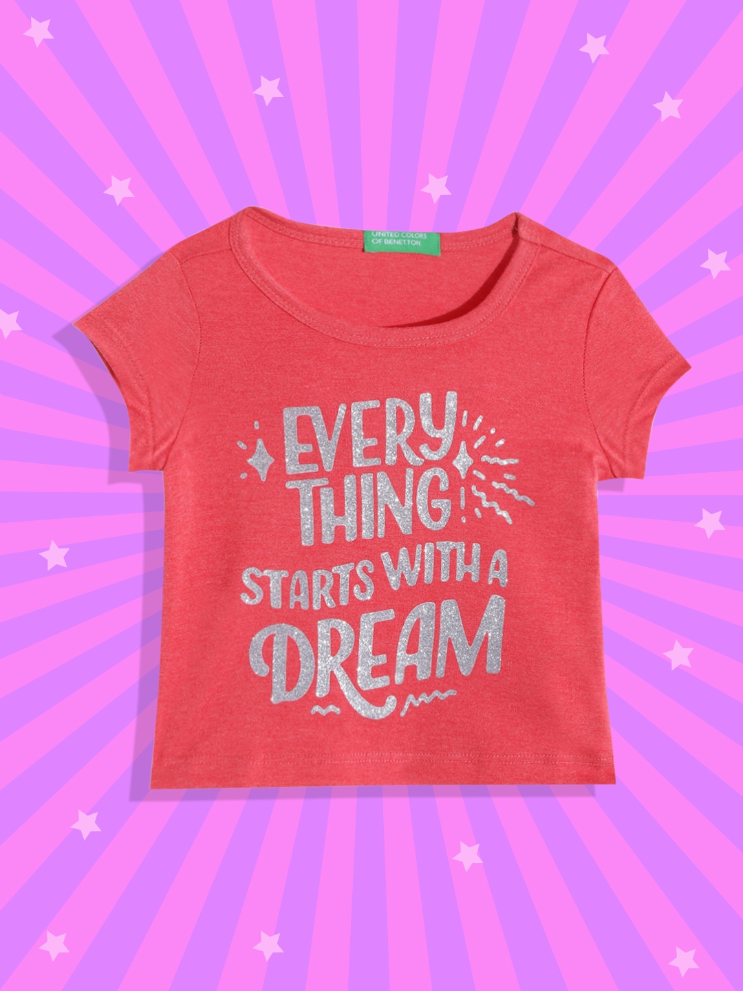 

United Colors of Benetton Girls Red & Silver-Toned Typography Printed T-shirt
