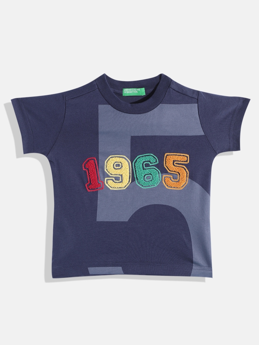 

United Colors of Benetton Boys Navy Blue & Green Typography Applique Cotton T-shirt