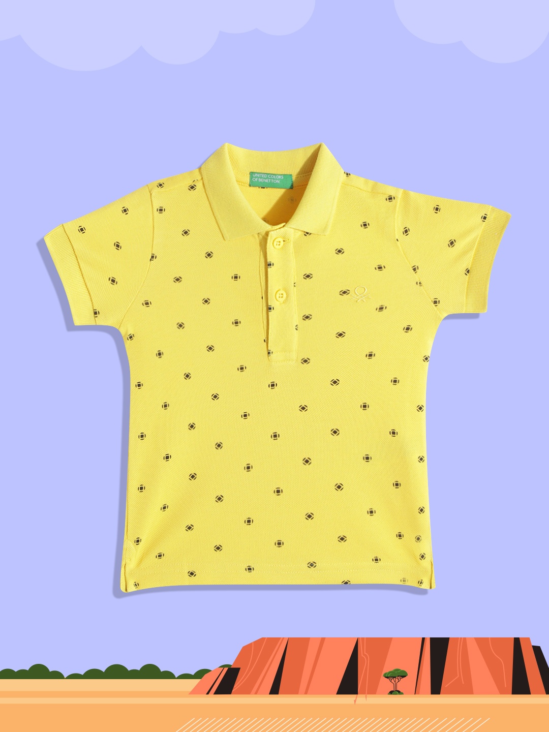 United Colors of Benetton Boys Yellow & Black Ditsy Printed Cotton Polo Collar T-shirt
