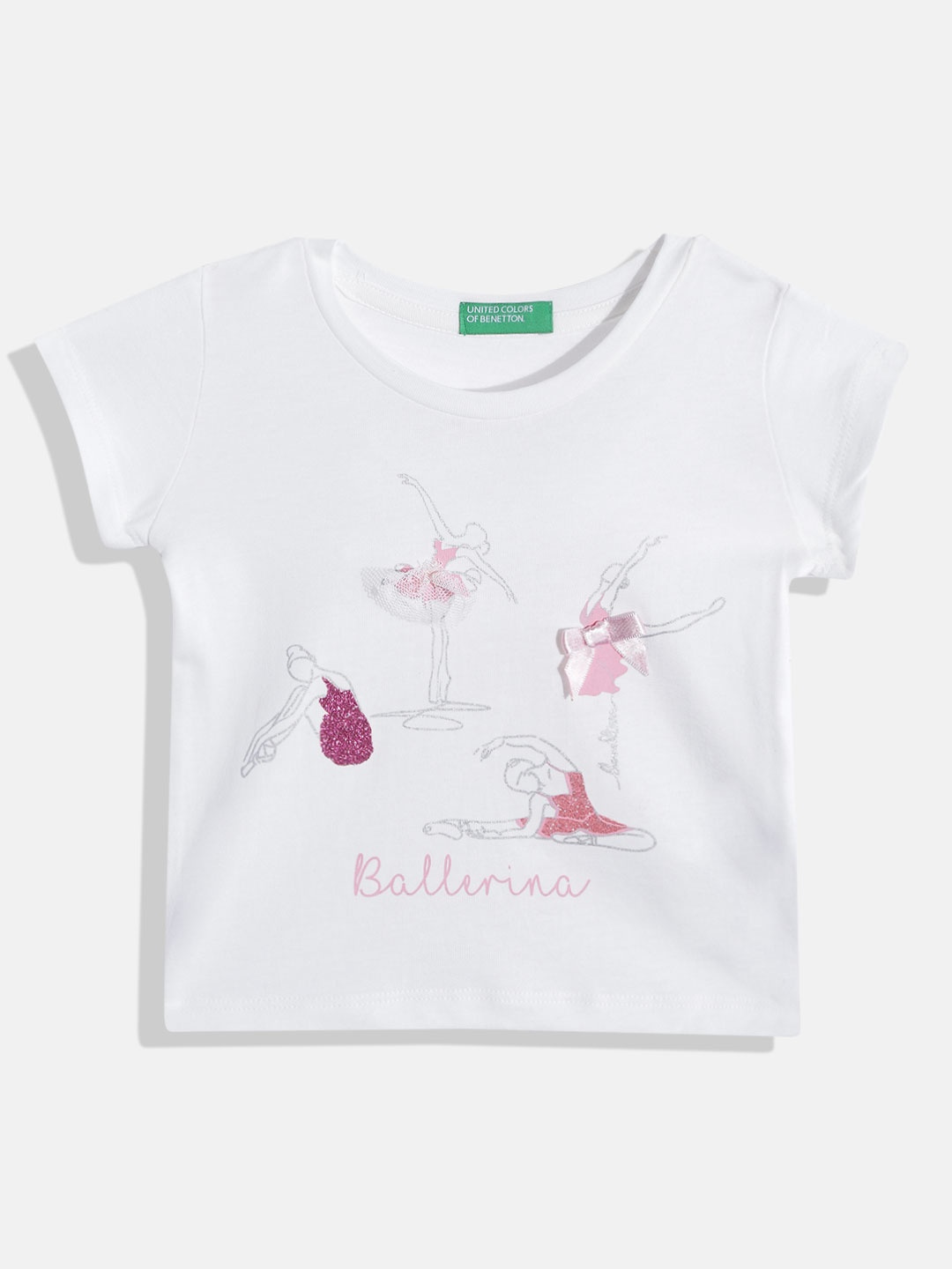 

United Colors of Benetton Girls White & Pink Pure Cotton Ballerina Print T-shirt with Bow