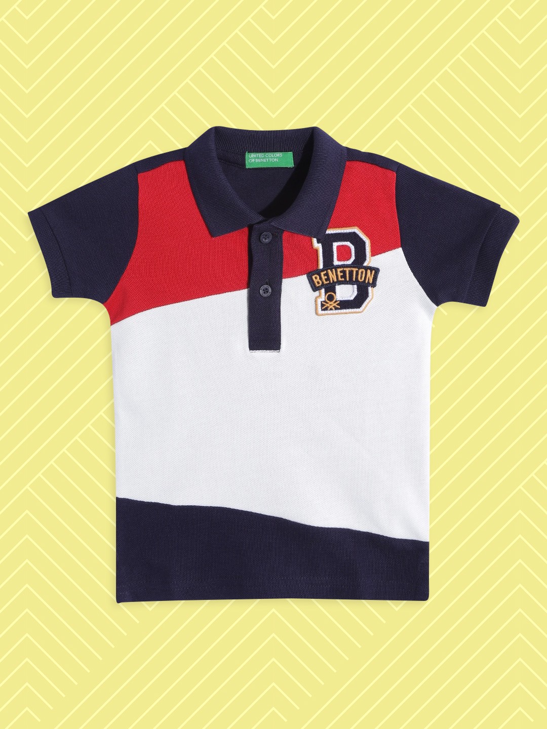 

United Colors of Benetton Boys White & Navy Blue Colourblocked Polo Collar Pure Cotton T-shirt