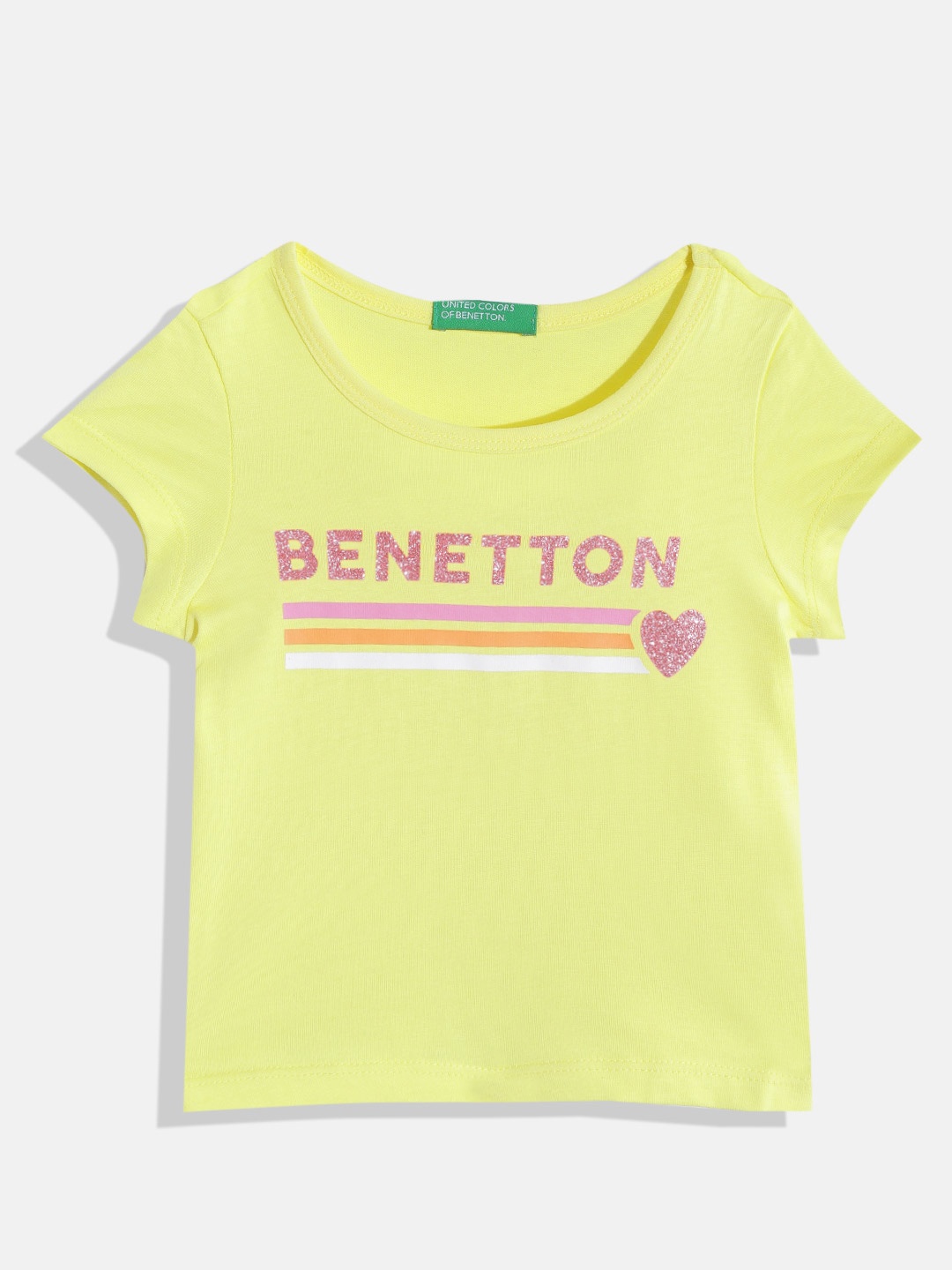 

United Colors of Benetton Girls Yellow & Pink Pure Cotton Brand Logo Printed T-shirt