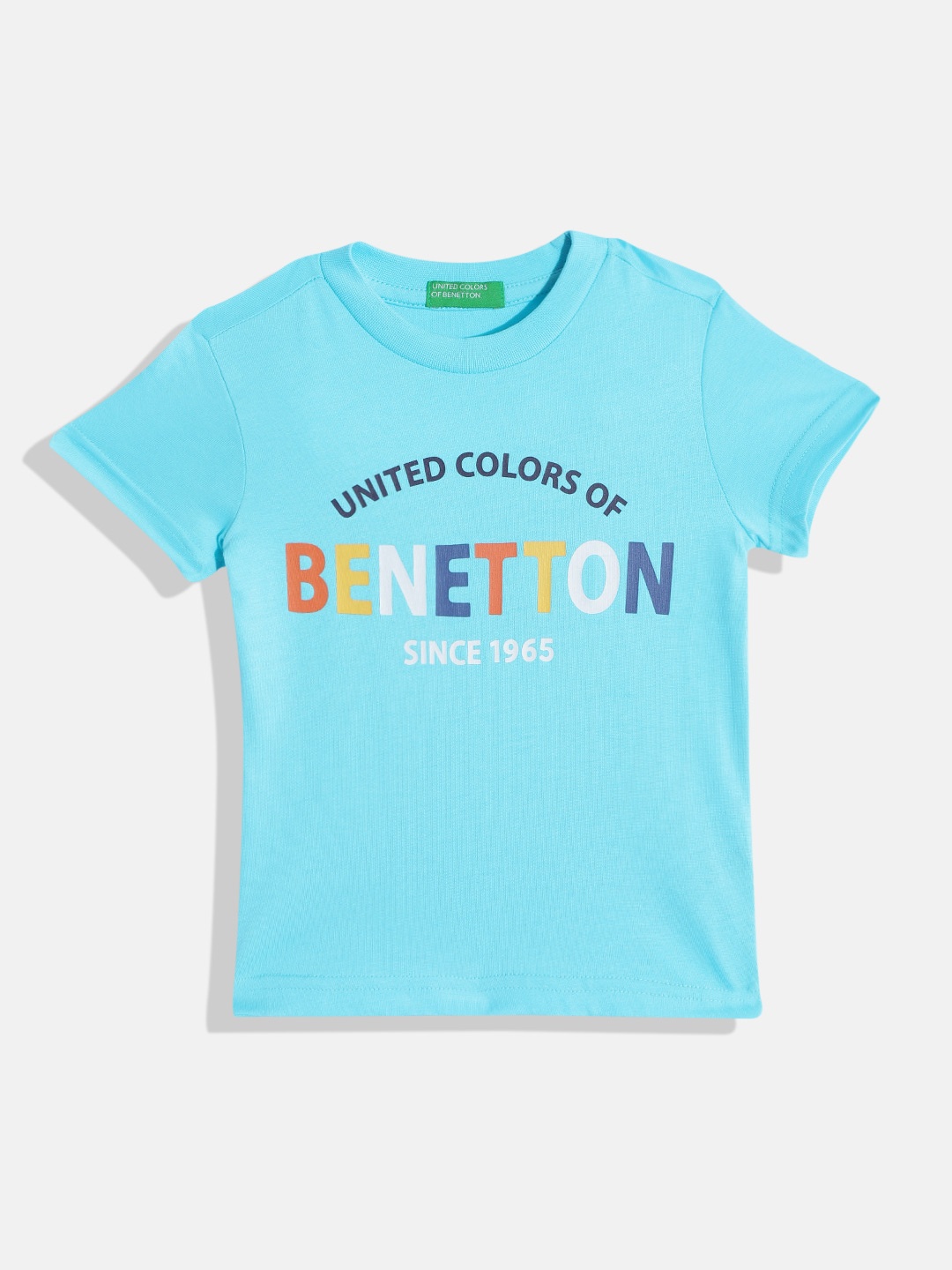 

United Colors of Benetton Boys Blue & White Brand Logo Print Pure Cotton T-shirt