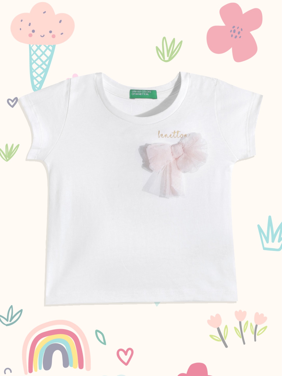

United Colors of Benetton Girls Off White & Pink Bow Applique Cotton T-shirt