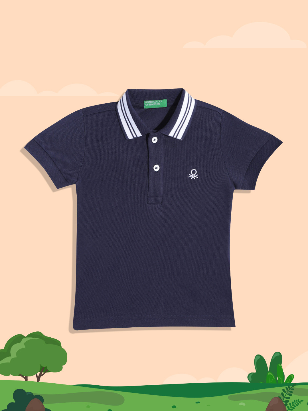 

United Colors of Benetton Boys Navy Blue Solid Polo Collar Pure Cotton T-shirt