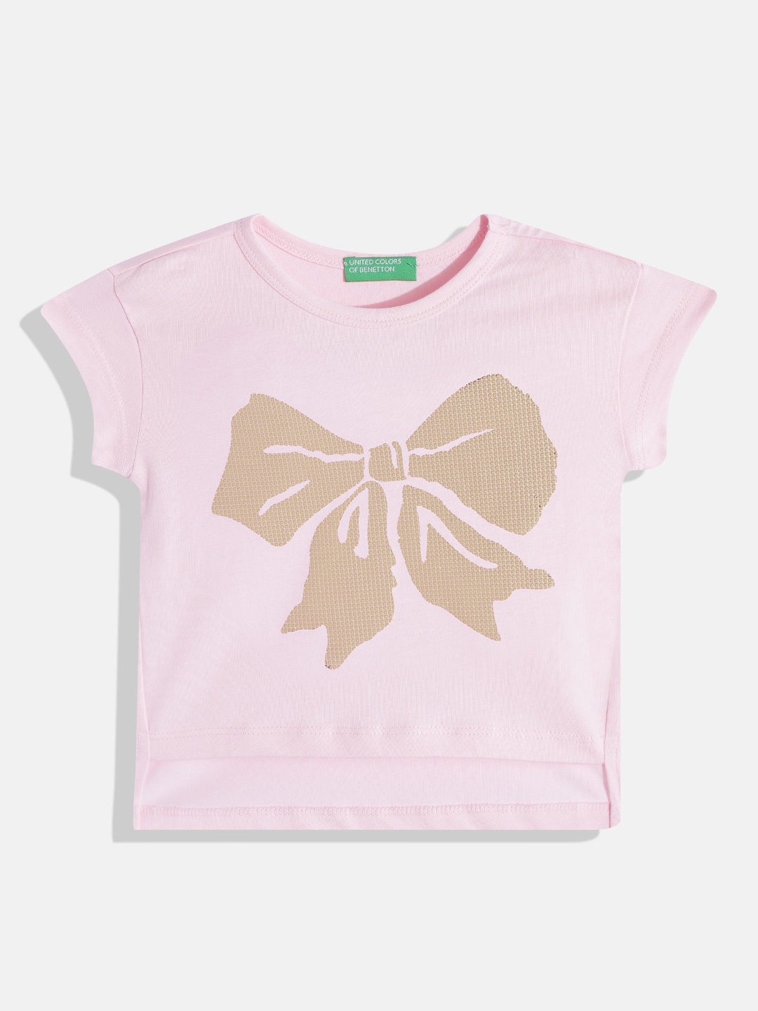 

United Colors of Benetton Girls Pink & Gold Bow Printed Cotton High-Low T-shirt