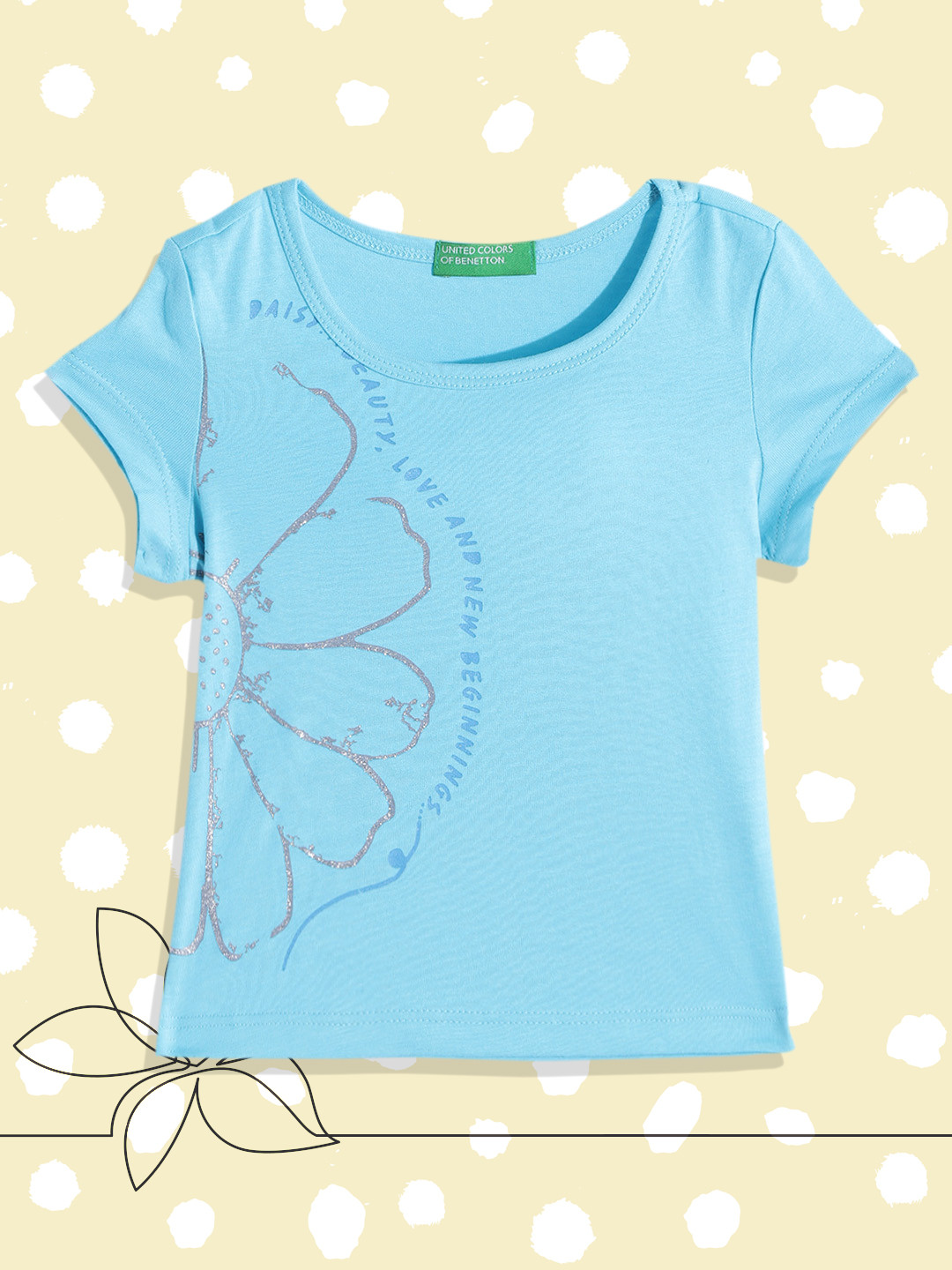 

United Colors of Benetton Girls Blue & Silver Floral Placement Printed T-shirt