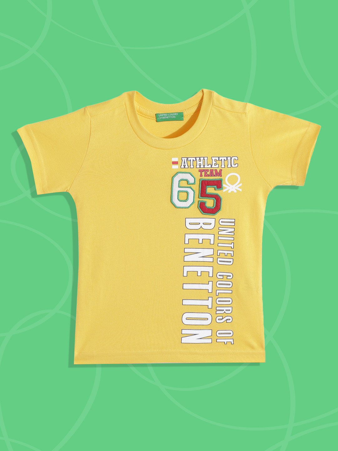 

United Colors of Benetton Boys Yellow & White Brand Logo Printed Pure Cotton Applique T-shirt