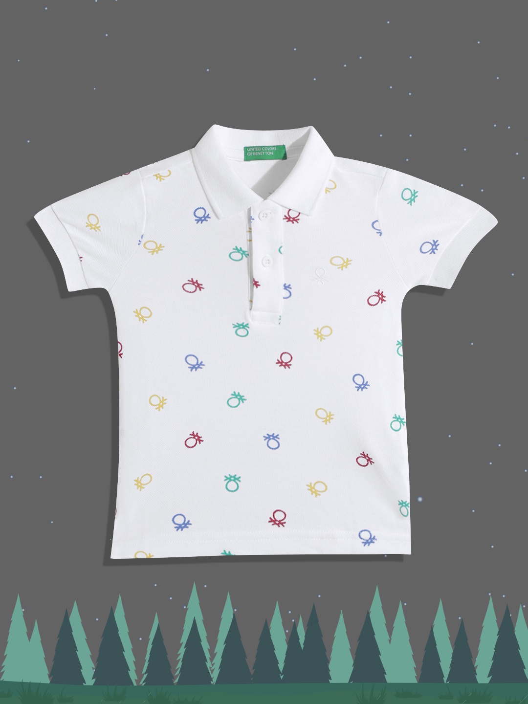 

United Colors of Benetton Boys White & Blue Brand Logo Printed Polo Collar Pure Cotton T-shirt