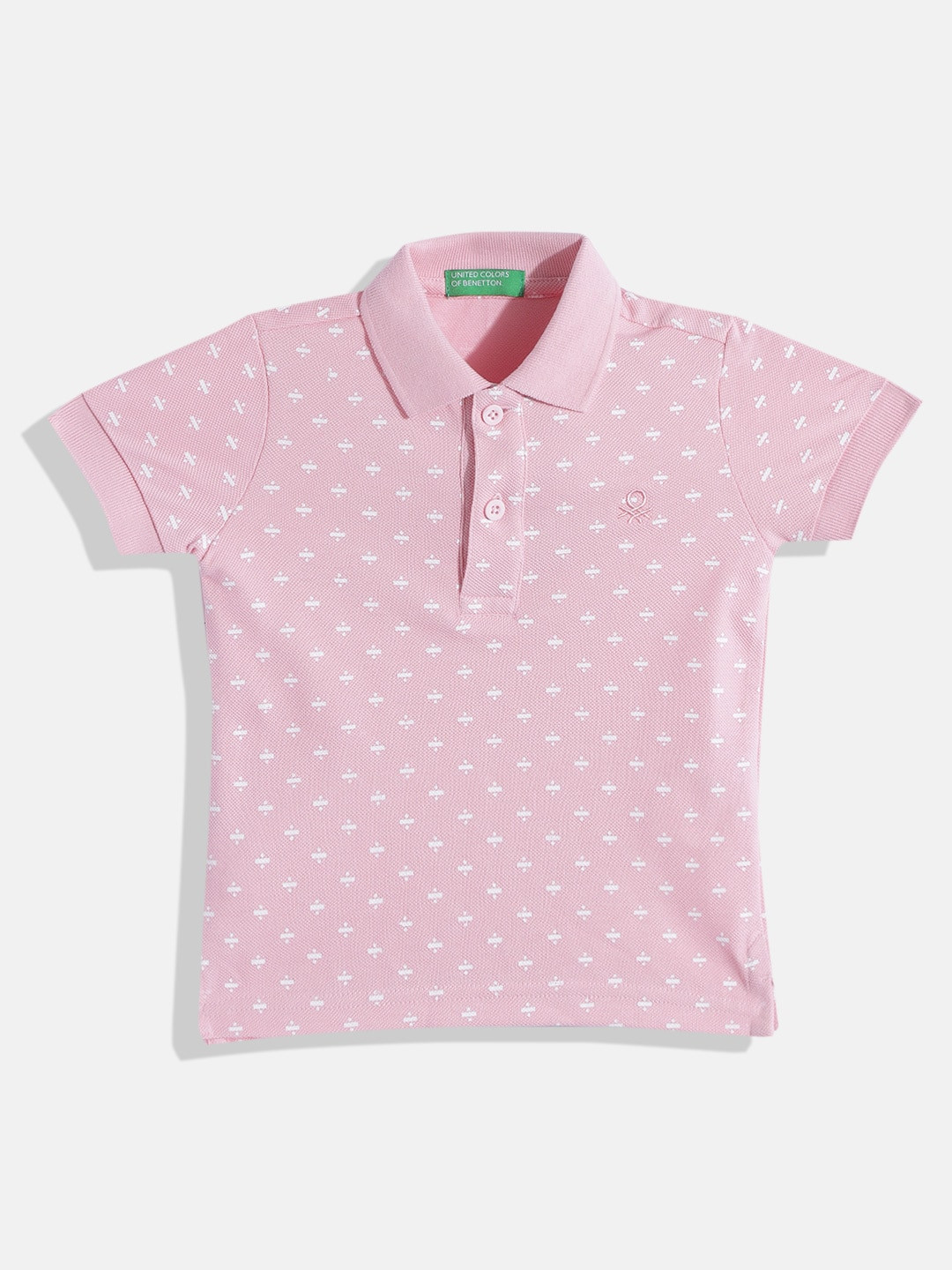 

United Colors of Benetton Boys Pink & White Printed Polo Collar Pure Cotton T-shirt
