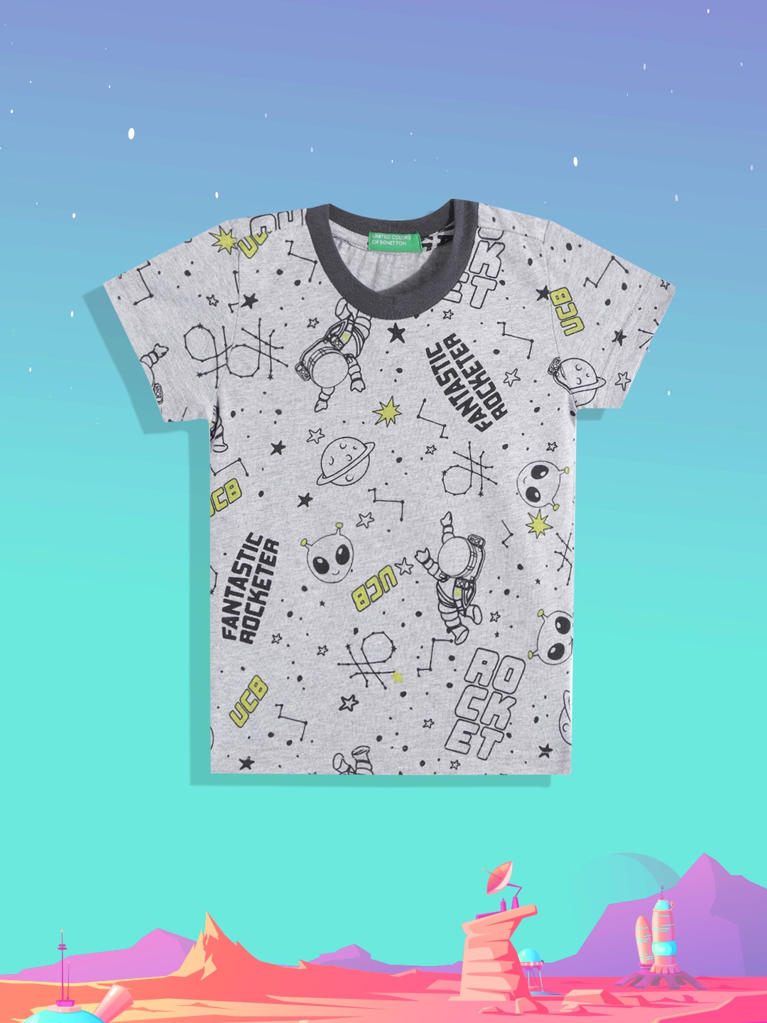 

United Colors of Benetton Boys Grey Melange & Black Printed Pure Cotton T-shirt
