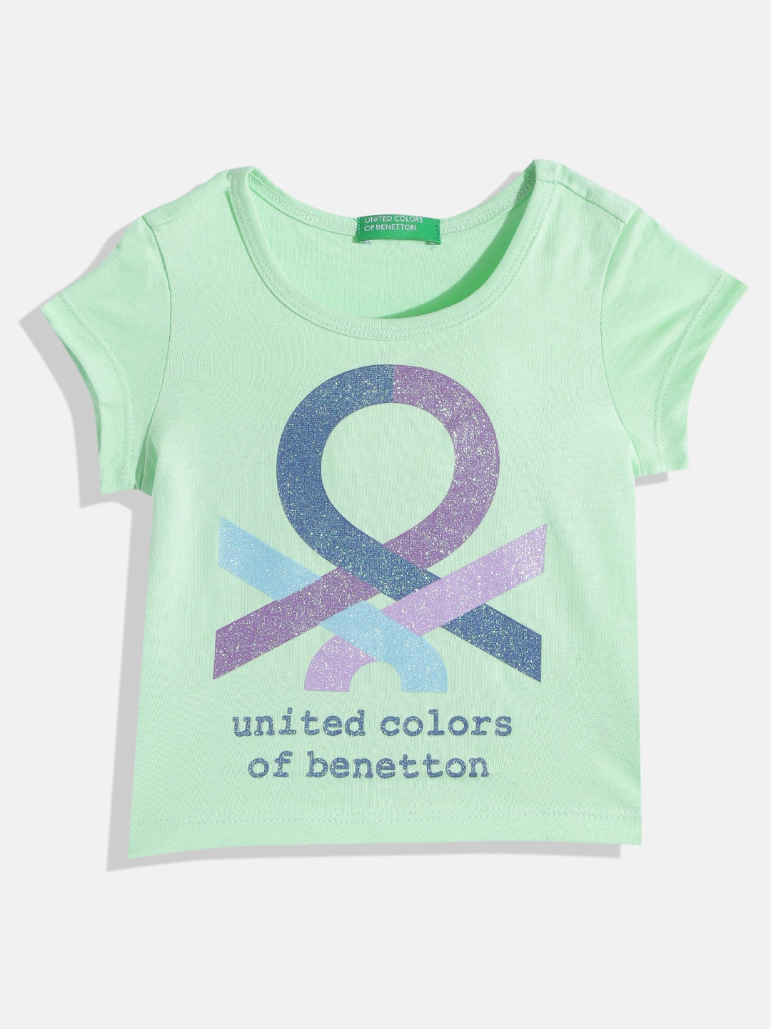 

United Colors of Benetton Girls Sage Green & Blue Brand Logo Printed Cotton T-shirt