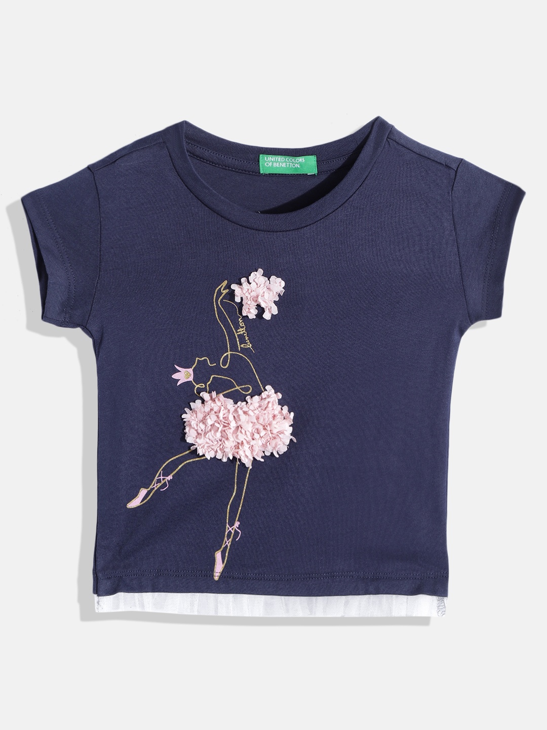 

United Colors of Benetton Girls Navy Blue & Pink Graphic Print Floral Applique Cotton Top