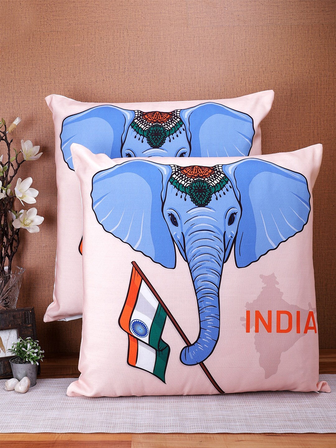 

Soumya Navy Blue & Pink Set of 2 Abstract Linen Square Cushion Covers