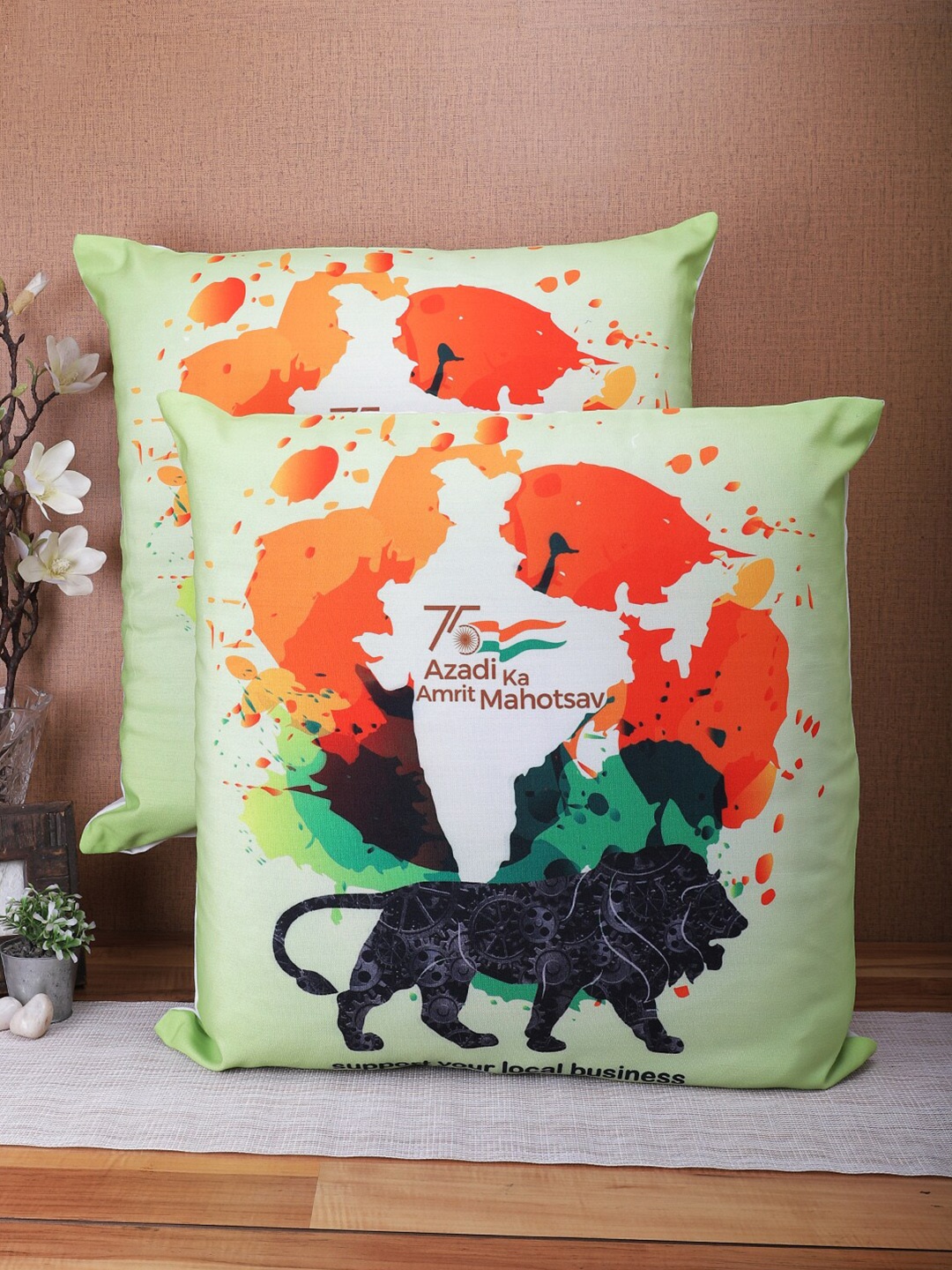 

Soumya Lime Green & Black Set of 2 Digital Printed Linen Square Cushion Covers