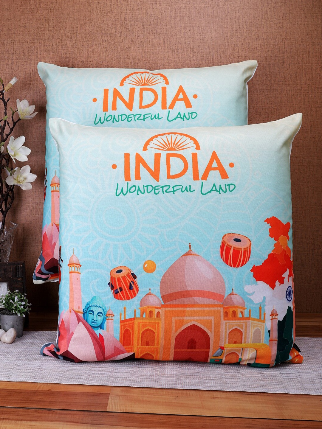 

Soumya Turquoise Blue & Pink Set of 2 Abstract Linen Square Cushion Covers