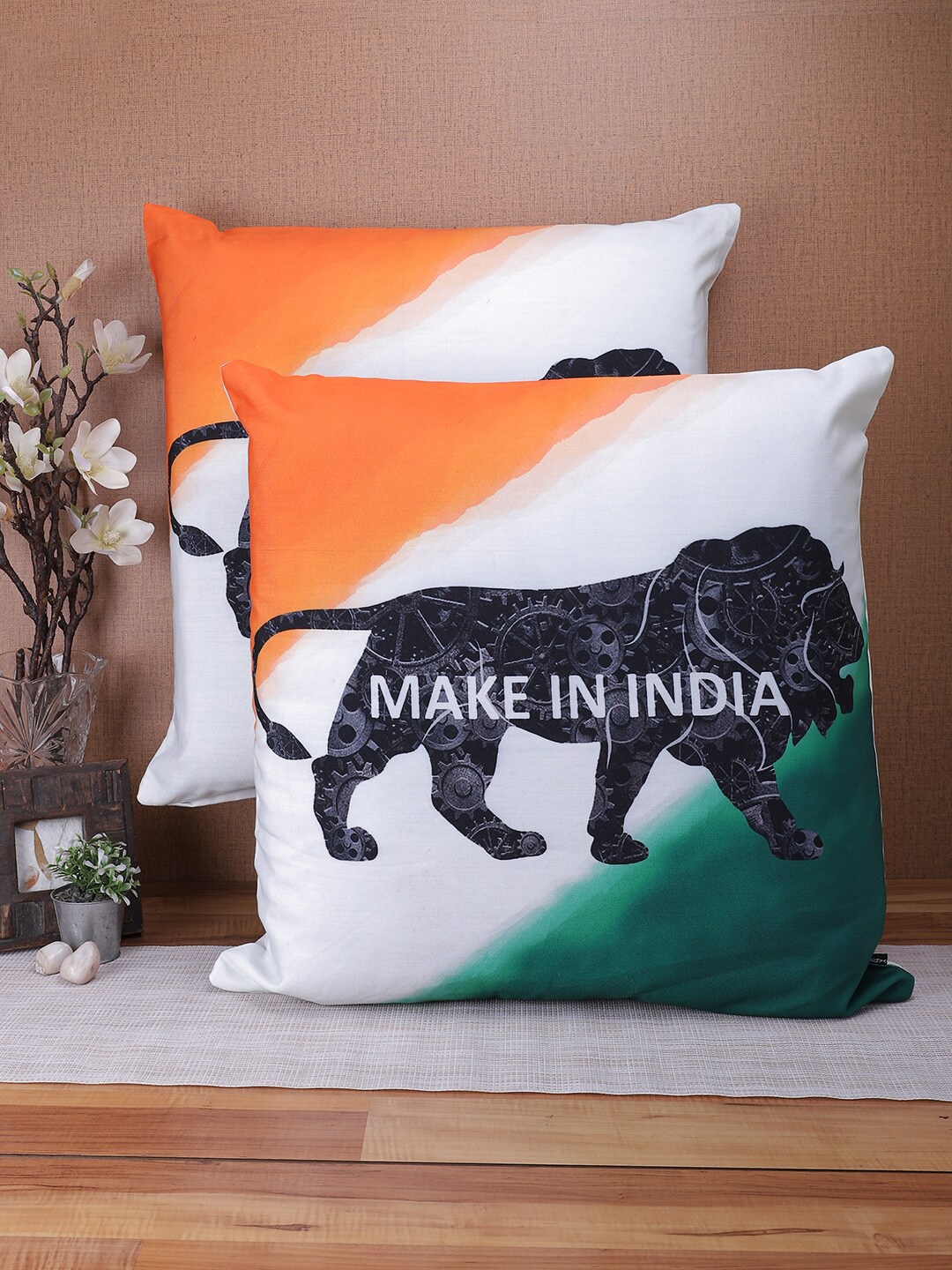 

Soumya White & Orange Set of 2 Abstract Linen Square Cushion Covers