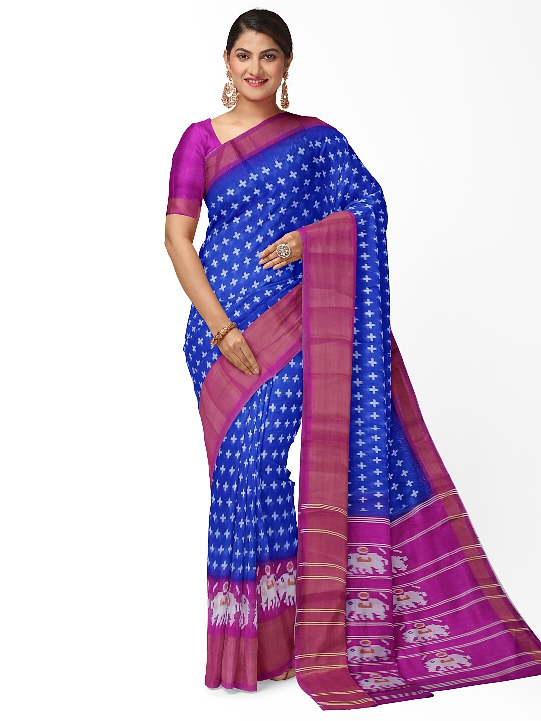 

SAADHVI Blue & Pink Kalamkari Zari Silk Blend Bhagalpuri Saree