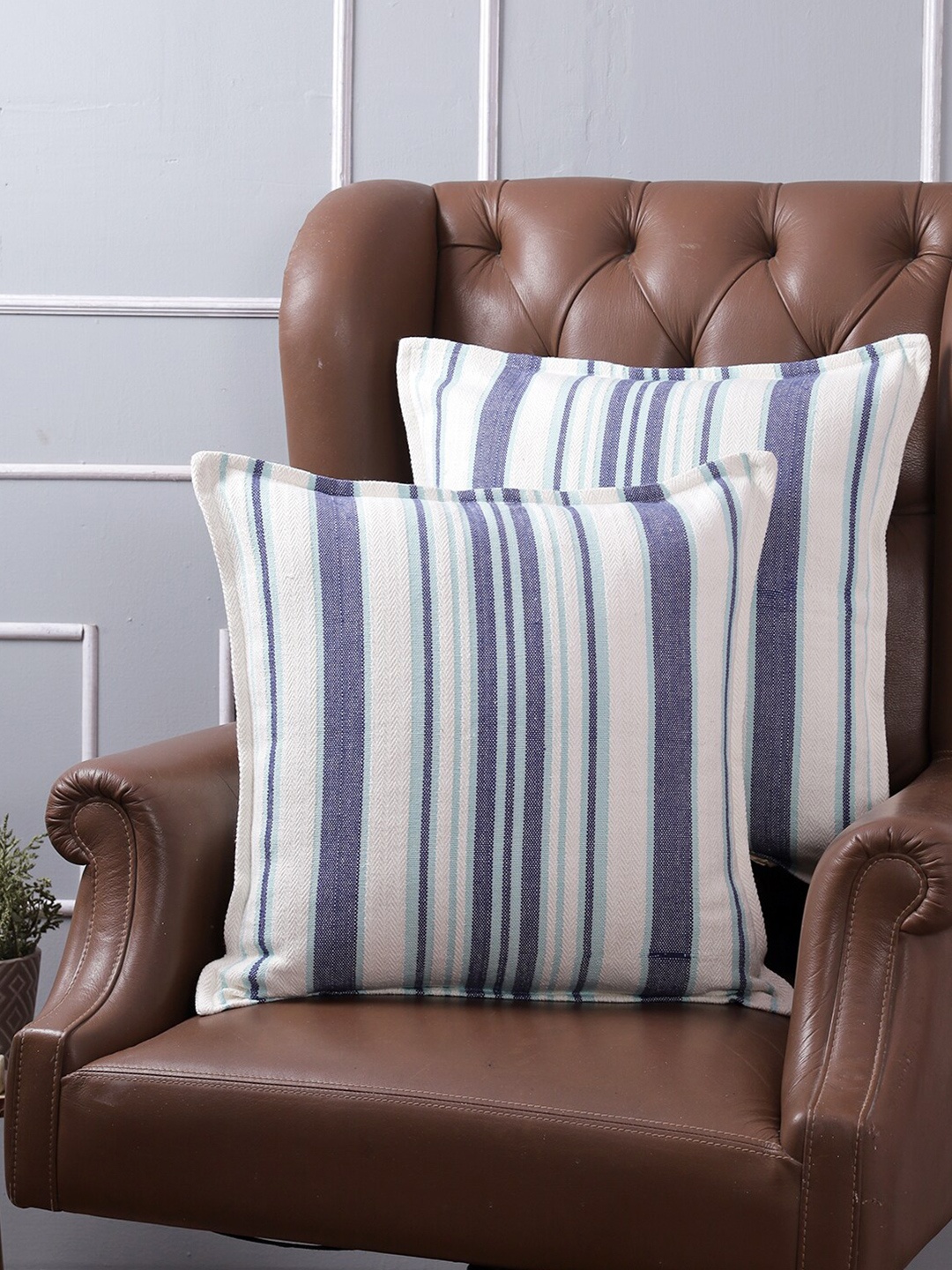 

KRAVIKA Blue & White Set of 2 Striped Square Cushion Covers