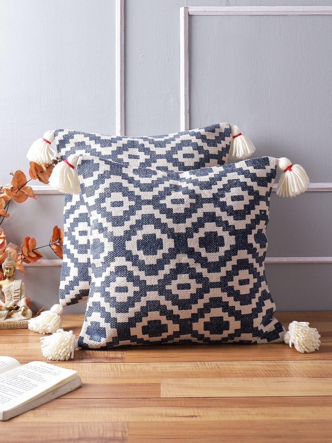 

KRAVIKA Blue & White Set of 2 Geometric Square Cushion Covers