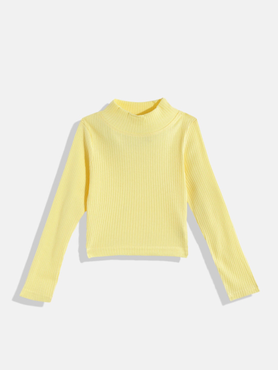 

GAME BEGINS Girls Yellow Solid Pure Cotton Ribbed High Neck T-shirt