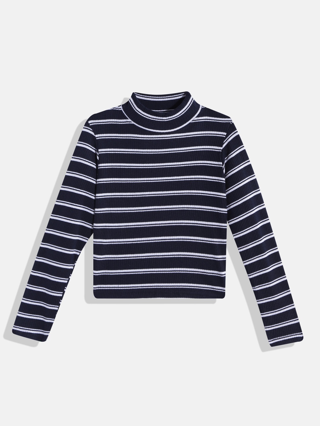 

GAME BEGINS Girls Navy Blue & White Pure Cotton Ribbed Striped High Neck T-shirt
