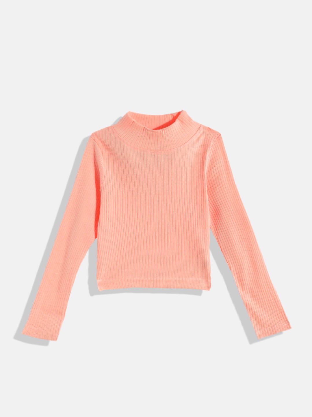 

GAME BEGINS Girls Peach-Coloured Pure Cotton Ribbed High Neck T-shirt