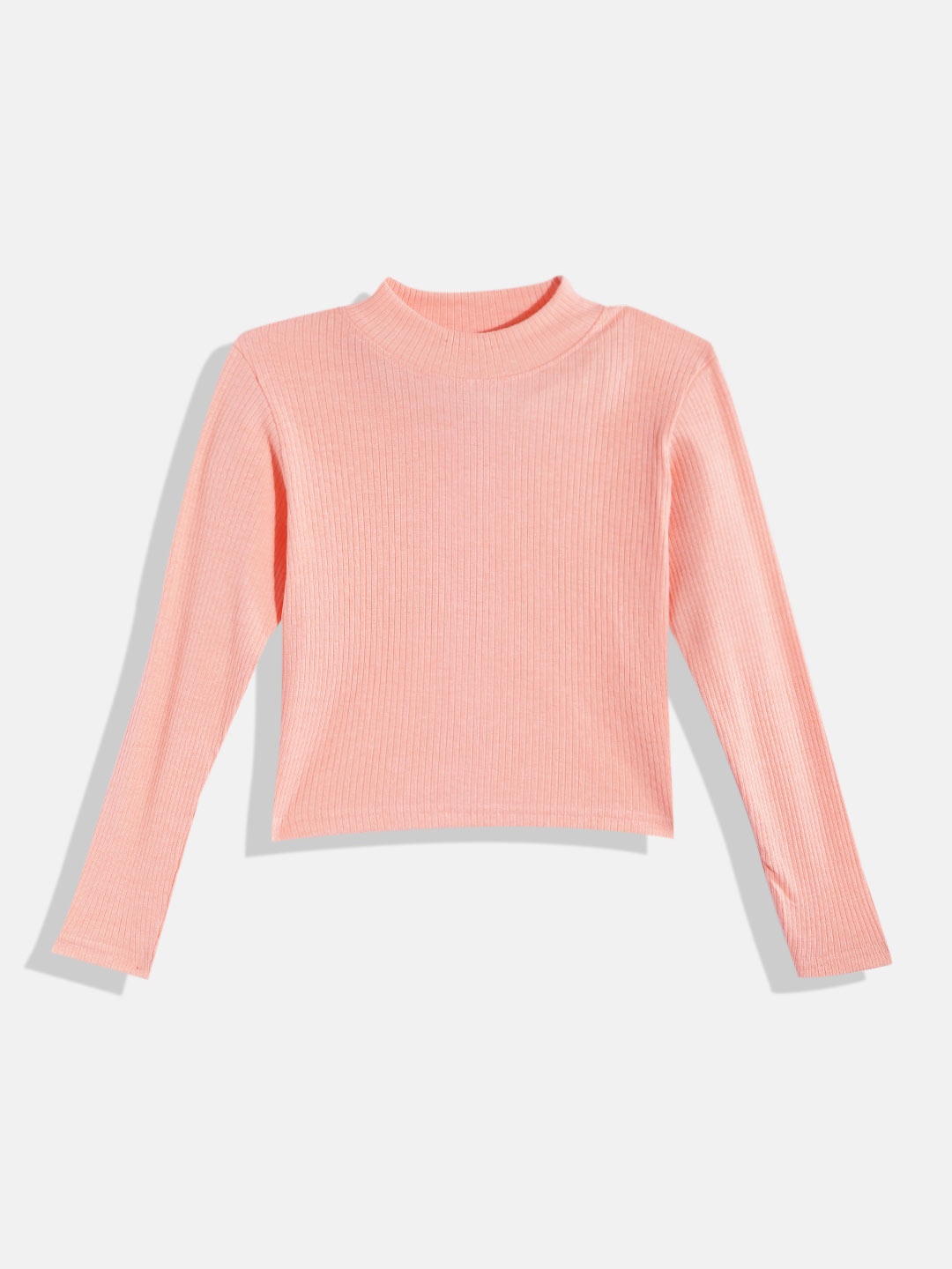

GAME BEGINS Girls Peach-Coloured Ribbed High Neck Cotton T-shirt