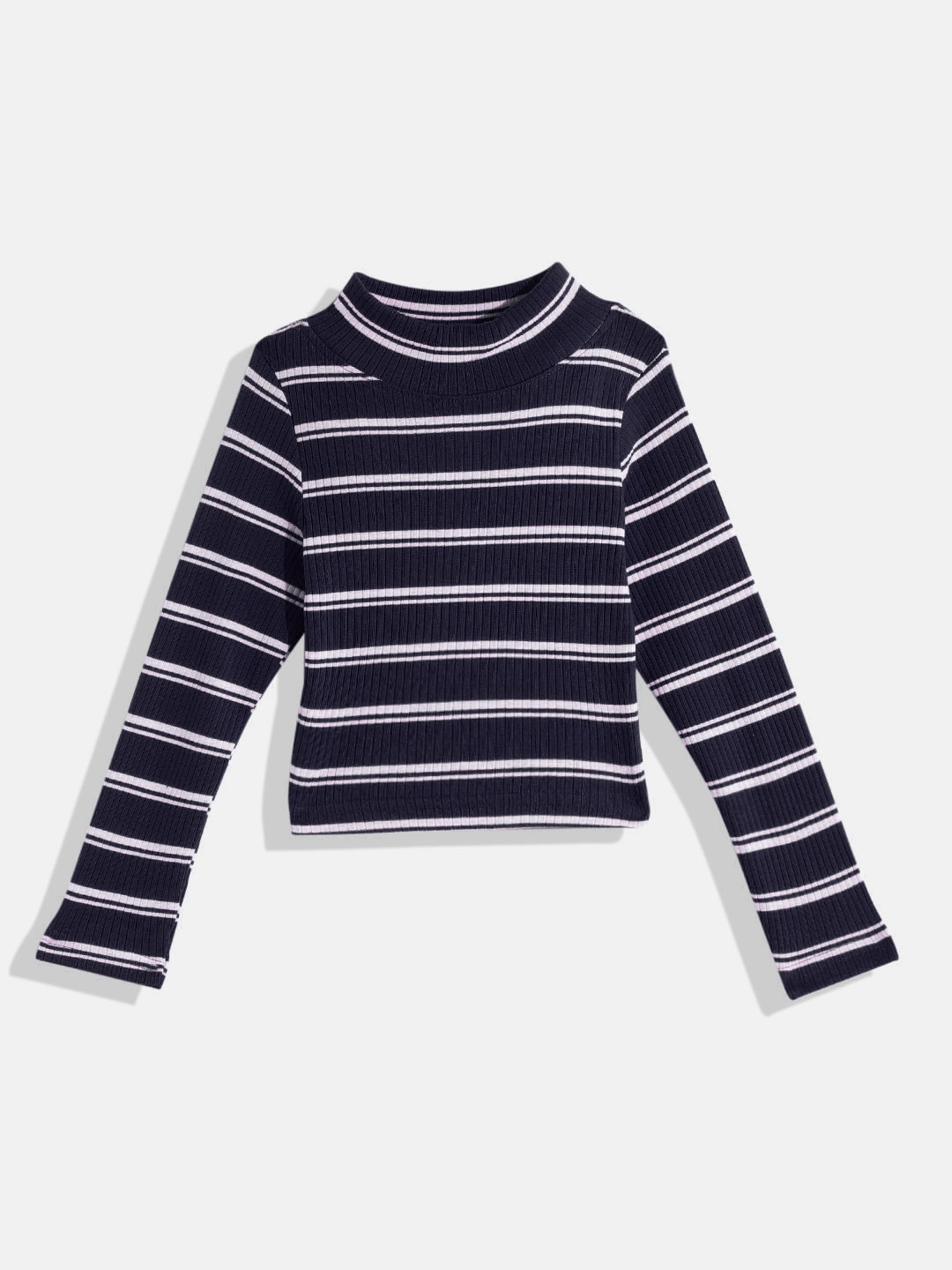 

GAME BEGINS Girls Navy Blue & White Striped High Neck Cotton T-shirt